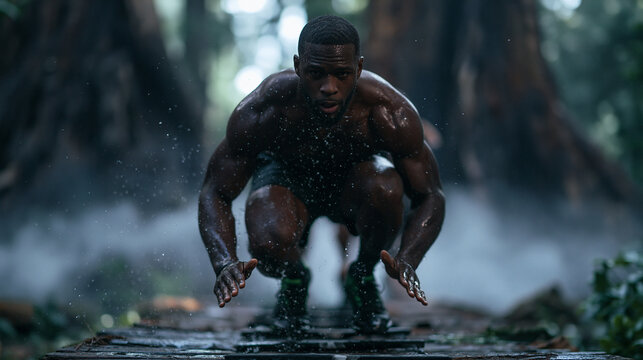 Muscular Athletic Man Training Intensively in Misty Forest