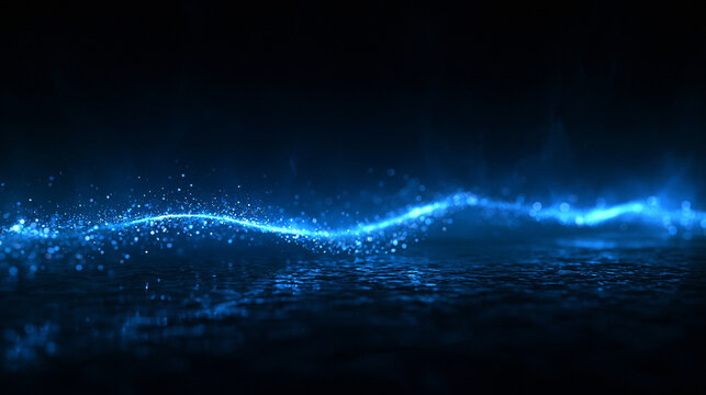 Glowing Blue Particle Wave on Dark Reflective Surface