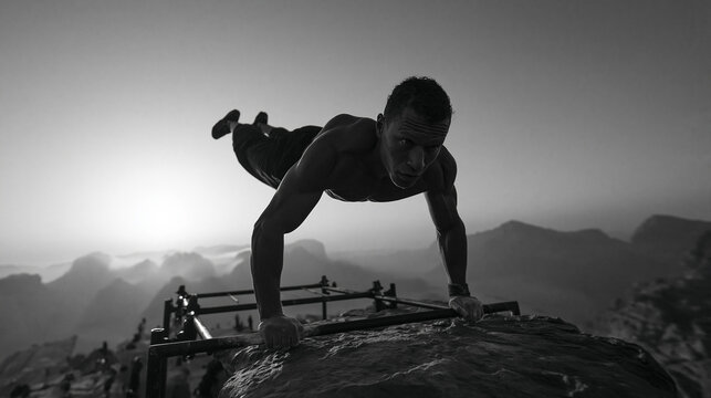 Athletic Man Performing Calisthenics Planche on Mountain Peak