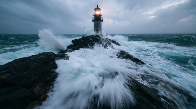 Lighthouse Standing Strong Amidst Crashing Storm Waves