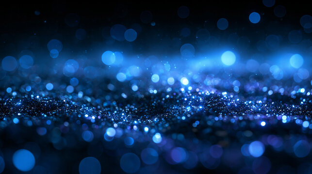 Blue Glitter Bokeh Particles Shimmering on Dark Background
