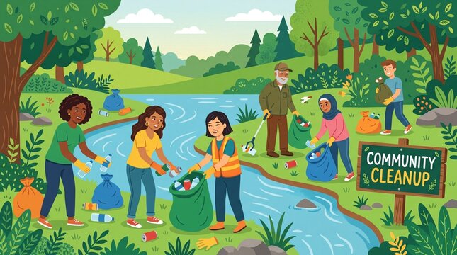 Diverse Volunteers Cleaning Up Plastic Trash Near River