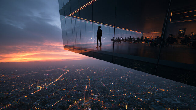 Businessman Overlooking Modern Cityscape from Skyscraper Office at Sunset