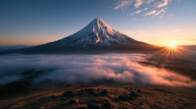 Snowcapped Mountain Peak Above Clouds at Sunrise