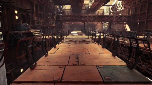 sunlit industrial mainway with long grated floor, high overhead trusses and warm reflective highlights, expansive perspective and cinematic depth