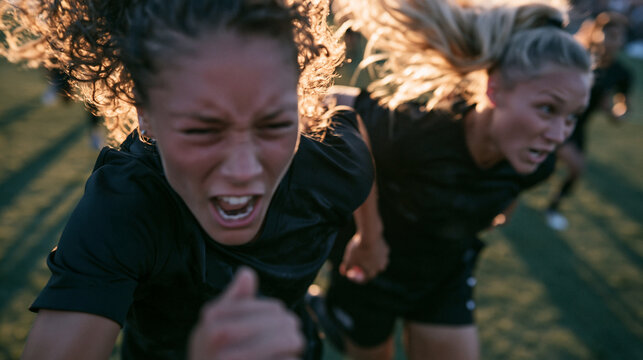 Female Athletes Sprinting with Intense Determination During Training