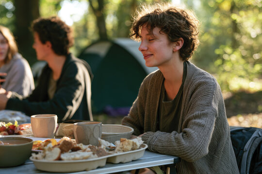 A serene camping scene featuring a young person enjoying a meal, surrounded by nature and friends, capturing the essence of outdoor dining and connection with simplicity.