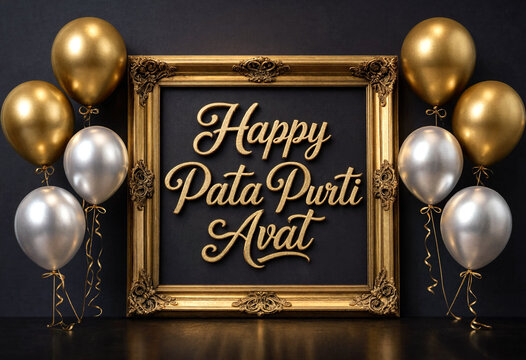 Golden decorative frame with happy pata purti avat greeting and elegant balloons celebration setup