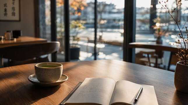 カフェのテーブルに置かれたノートと温かいお茶