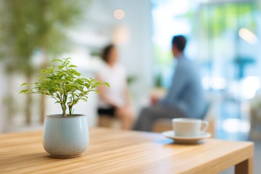 Green houseplant on a wooden table with blurred therapist and client having a counseling session in the background, representing recovery, personal development and a supportive healing journey