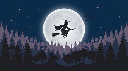 Fototapeta premium A silhouetted witch soars across the full moon on a broomstick in a spooky halloween night scene