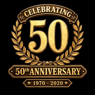 Golden elegant fiftieth anniversary emblem with laurel wreath celebrating five decades from past to present