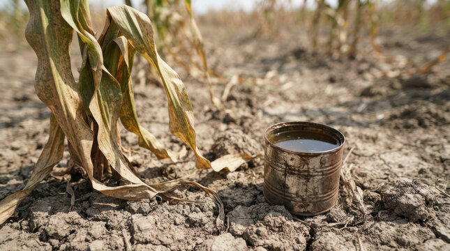 Dry corn field with rusty can showing food security challenges during drought and crop failure in rural farmland