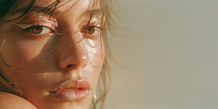 Intimate close-up of a freckled woman with tousled hair and luminous skin touched by patterned sunlight against a muted background Concept of authentic self expression