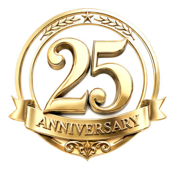 Golden elegant twenty fifth anniversary emblem with laurel wreath and banner design isolated