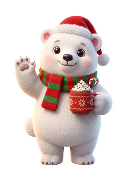 Cute 3D Polar Bear Character with Santa Hat and Hot Cocoa on Transparent Background