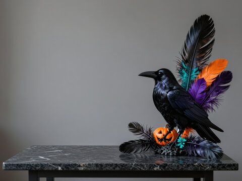 Halloween crow raven feather pumpkin gothic decoration tabletop seasonal display scene evokes dark mood, with colorful plume detail and carved jack o lantern arrangement
