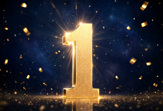 Golden glittery number one shining brightly with confetti for celebration and success events