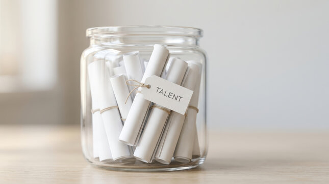 Staffing shortages concept with talent notes in glass jar creating quiet workplace recruitment message