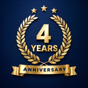 Golden four years anniversary emblem with laurel wreath and stars celebration design