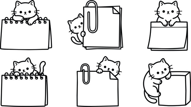 Black and white cats interacting with blank notebooks, memo sheets, and paperclips in playful line art stationery illustrations