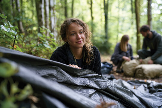 A young woman peers out from beneath a tent at a peaceful forest scene, promoting exploration, connection with nature, and the beauty of simplicity in a serene setting.