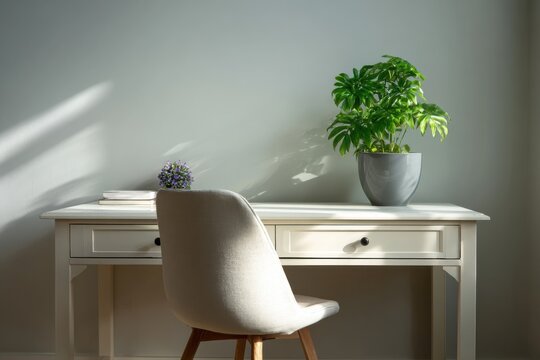 Peaceful home workspace with a streamlined desk, potted greenery, and soft natural light creating a calm atmosphere