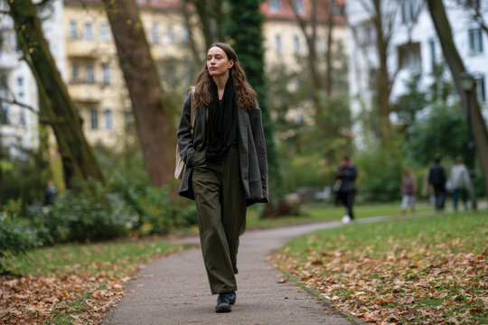 A young woman walks confidently in a vibrant park, surrounded by nature's colors, showcasing a blend of urban and natural beauty in a serene environment.