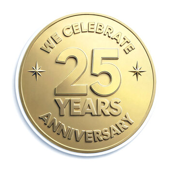 Golden twentyfive years anniversary commemorative coin with celebratory text isolated design