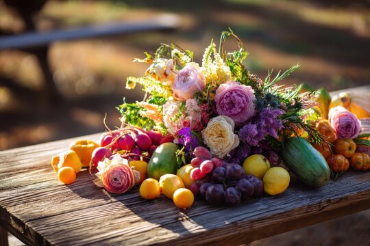 Outdoor picnic table covered with colorful fresh produce and seasonal flowers, creating a cheerful harvest-inspired display
