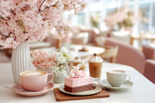 Cafe table styled with delicate cherry blossom-themed desserts and soft seasonal spring accents
