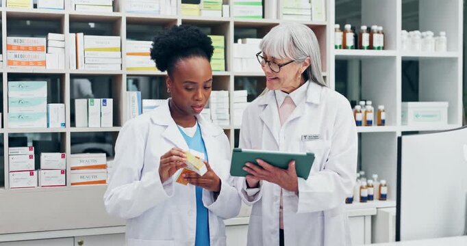 Medical, discussion or team in pharmacy with tablet, inventory check or research on drug info. Health, women or chemist with tech, stock control or prescription verification in medication dispensary.