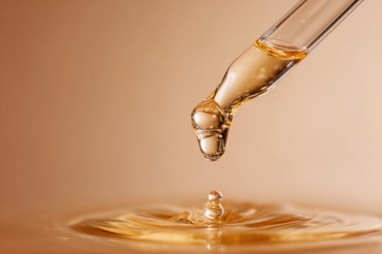 Golden moringa oil forming a droplet at the tip of a glass pipette