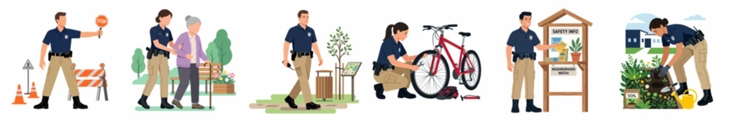 Obraz premium Vector Illustration Collection of Community Police Officers Engaging in Diverse Public Service Tasks such as Traffic Control, Patrolling, and Assisting Local Citizens