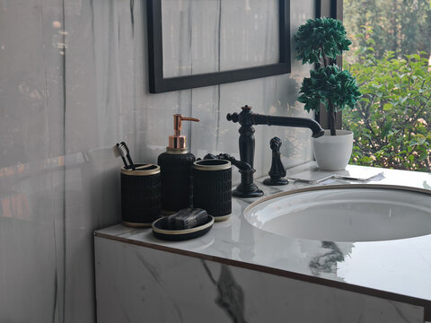 High-resolution interior photograph of a modern luxury bathroom sink setup. Features black matte vintage faucet, textured soap dispenser set, marble countertop, and potted green plant
