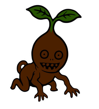 Cute creeping mandrake root creature illustration with green leaves on black background