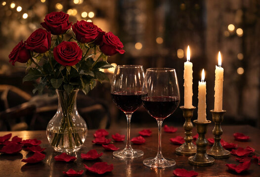 Romantic dinner setting with red roses wine glasses and candles on table for special evening celebration