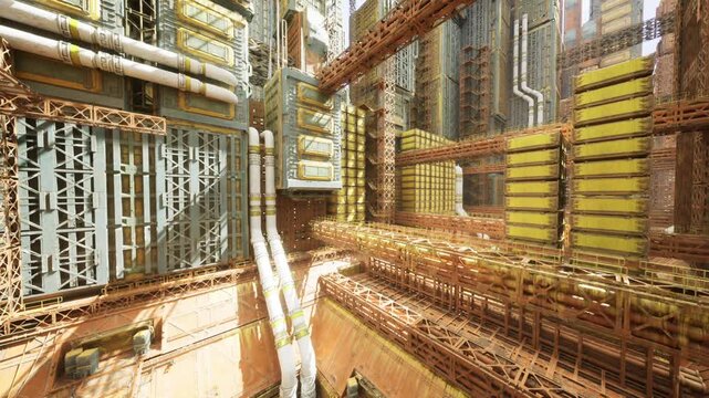 retrofit industrial core with sunlight shafts and scaffolding, high verticality with layered pipes and girders, polished conduits and platform edges reflect