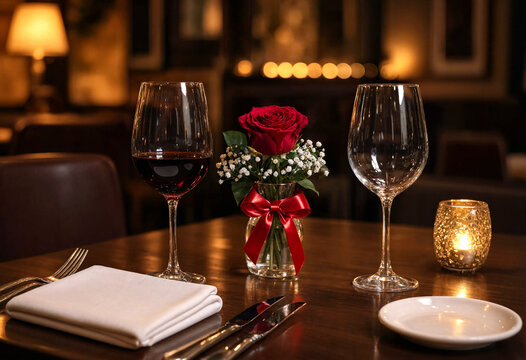 Romantic dinner setting with wine glasses red rose and candlelight on elegant table