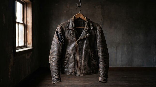 Battered leather jacket hanging in an empty room with natural light, abuse man concept  