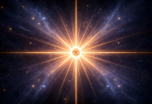 Spectacular cosmic explosion with bright glowing light rays in deep space nebula scene