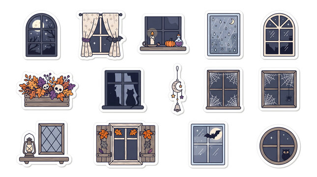 Collection of cute halloween window stickers featuring spooky scenes with pumpkins, bats, spiderwebs, and ghosts on a white background