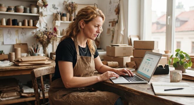 Woman working on laptop processing secure payment in bright rustic craft workshop surrounded by shipping boxes.
