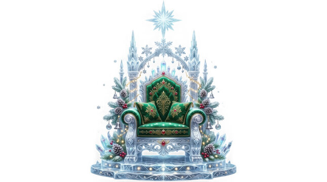 Ice throne with green velvet, frozen winter king chair, magical crystal seat on white background