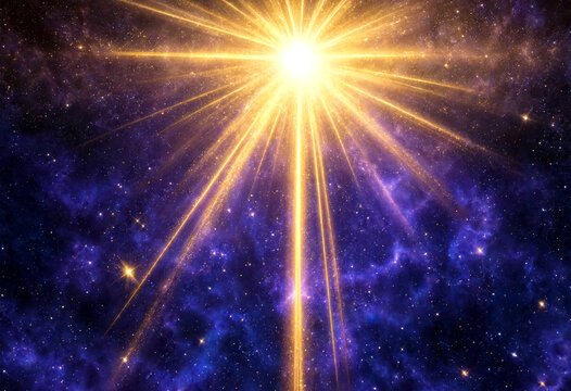 Stunning glowing bright starburst explosion in deep cosmic space with vibrant nebula clouds and stars