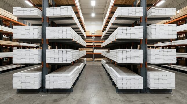 Symmetrical arrangement of white painted structural boards organized flatly on storage shelving racks  wood plank board timber white painted shelf storage rack warehouse industrial