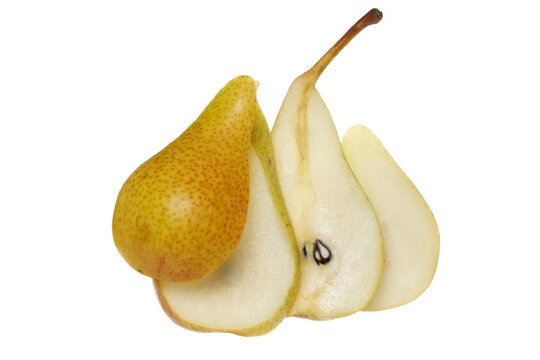 Sliced pear fruits flying isolated on white background, with clipping path