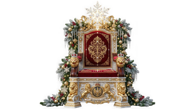 Ornate Christmas throne with gold lions, festive royal chair, winter holiday seat on white
