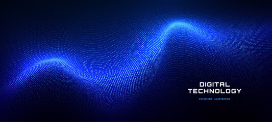 Fototapeta na wymiar Futuristic particle flow creates abstract tech visualization. Dynamic blue streams showcase AI-powered network patterns with glowing dots and modern digital energy landscape.