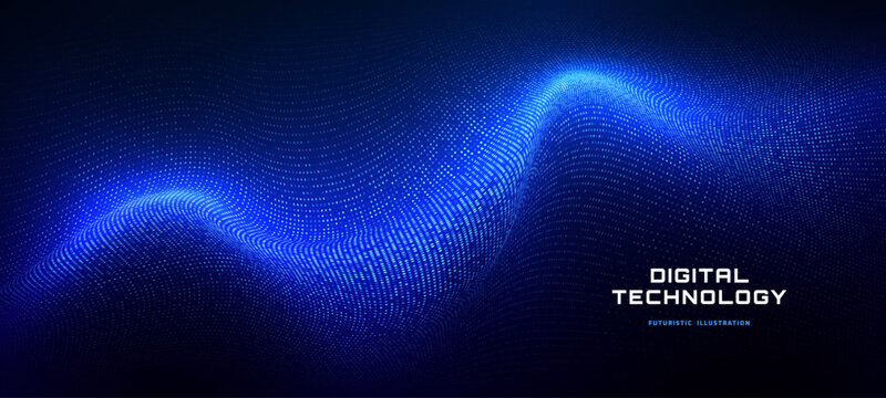 Futuristic particle flow creates abstract tech visualization. Dynamic blue streams showcase AI-powered network patterns with glowing dots and modern digital energy landscape.